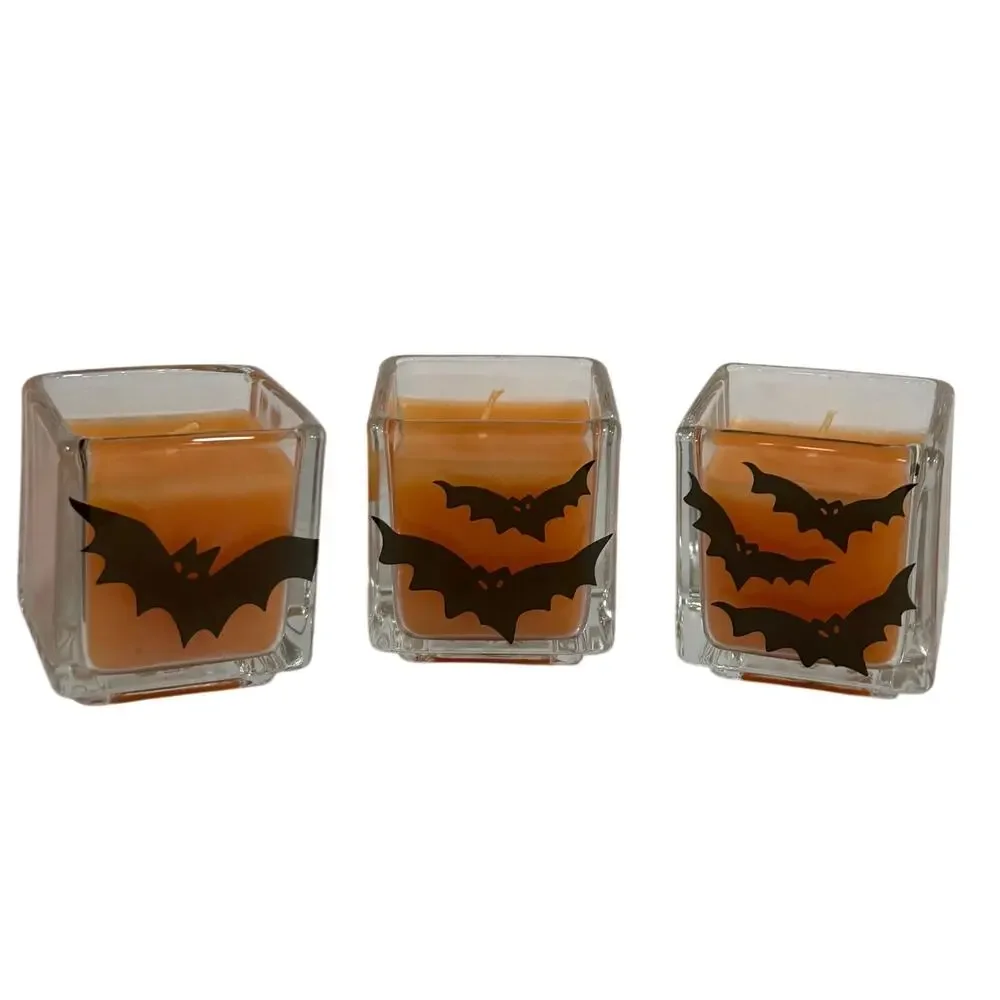 VINTAGE Collectable Halloween Bat Candles Set of 3 Glass Holders Taiwan New Box